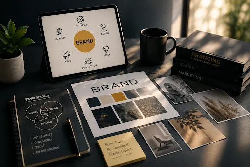 Corporate brand identity mood board with color palette and typography