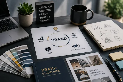 Professional logo designer in USA reviewing brand guidelines